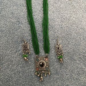 Beaded Green & Colorful Matching Necklace/Earrings